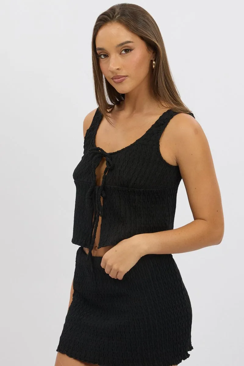 Black Tie Front Top Sleeveless Textured
