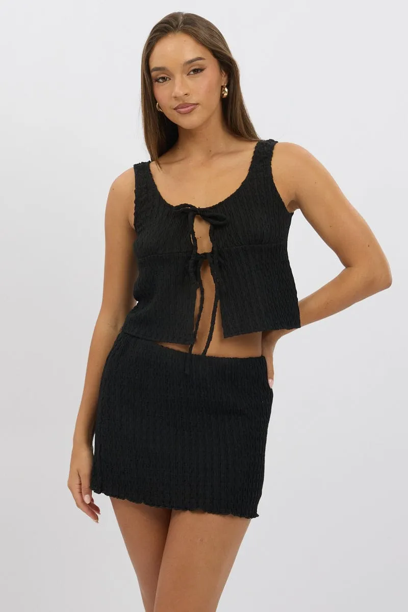 Black Tie Front Top Sleeveless Textured