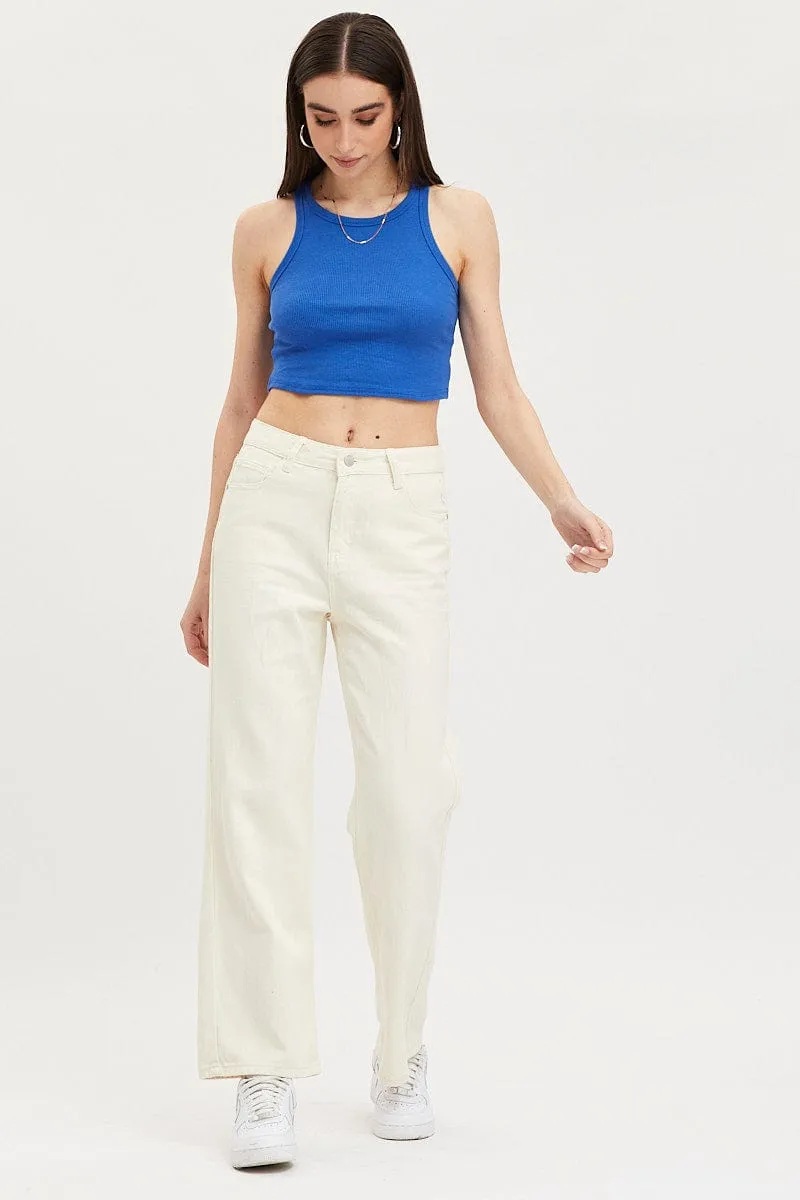 Blue Tank Top Sleeveless Crew Neck