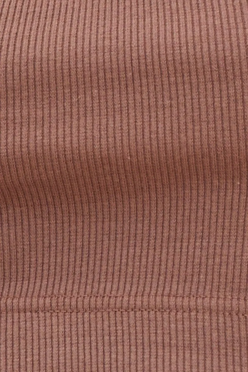 Brown Crop Top Cotton Blend Rib Tank Elasticated Hem