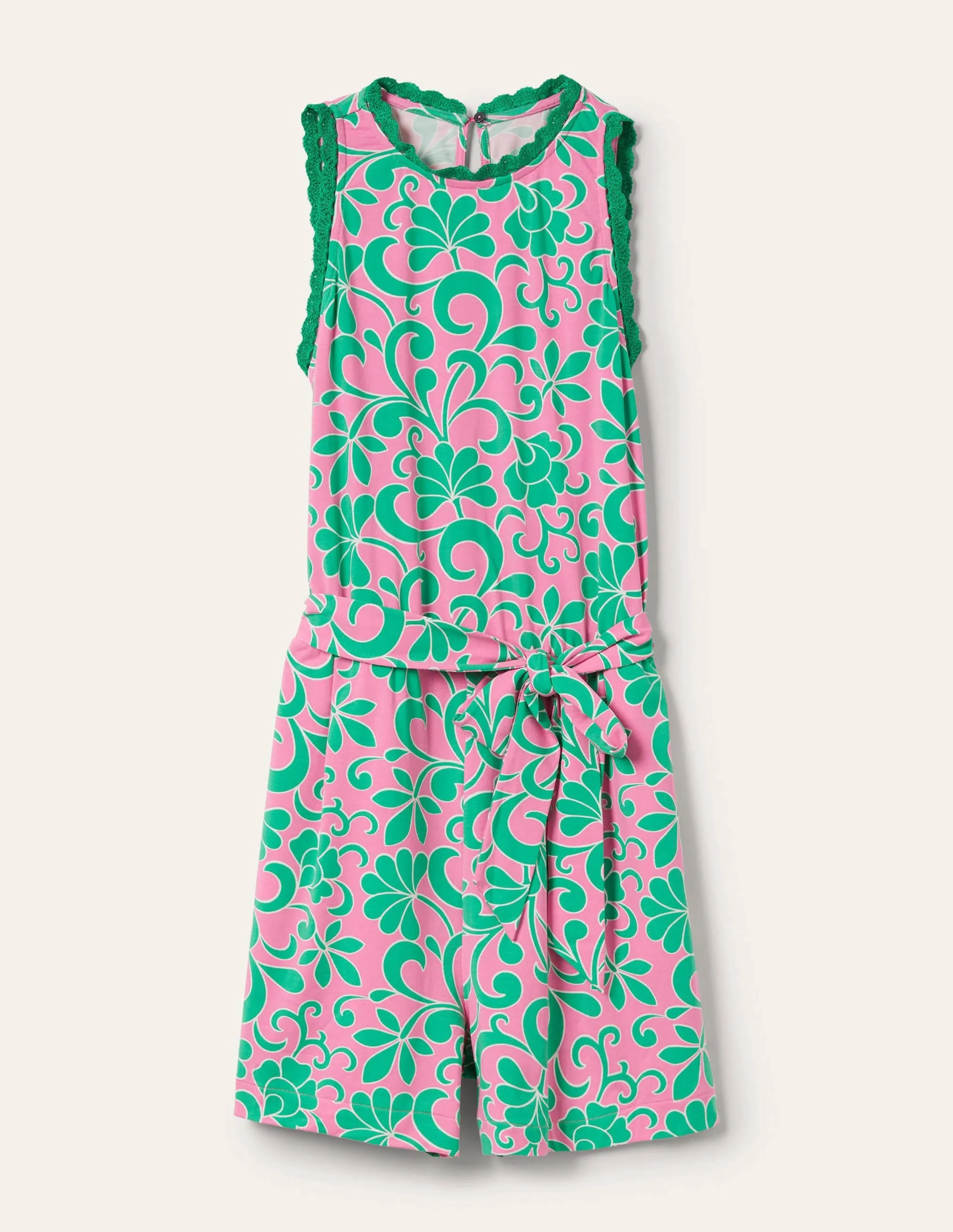 Crochet Detail Jersey Playsuit-Candy Floss. Abstract Petal