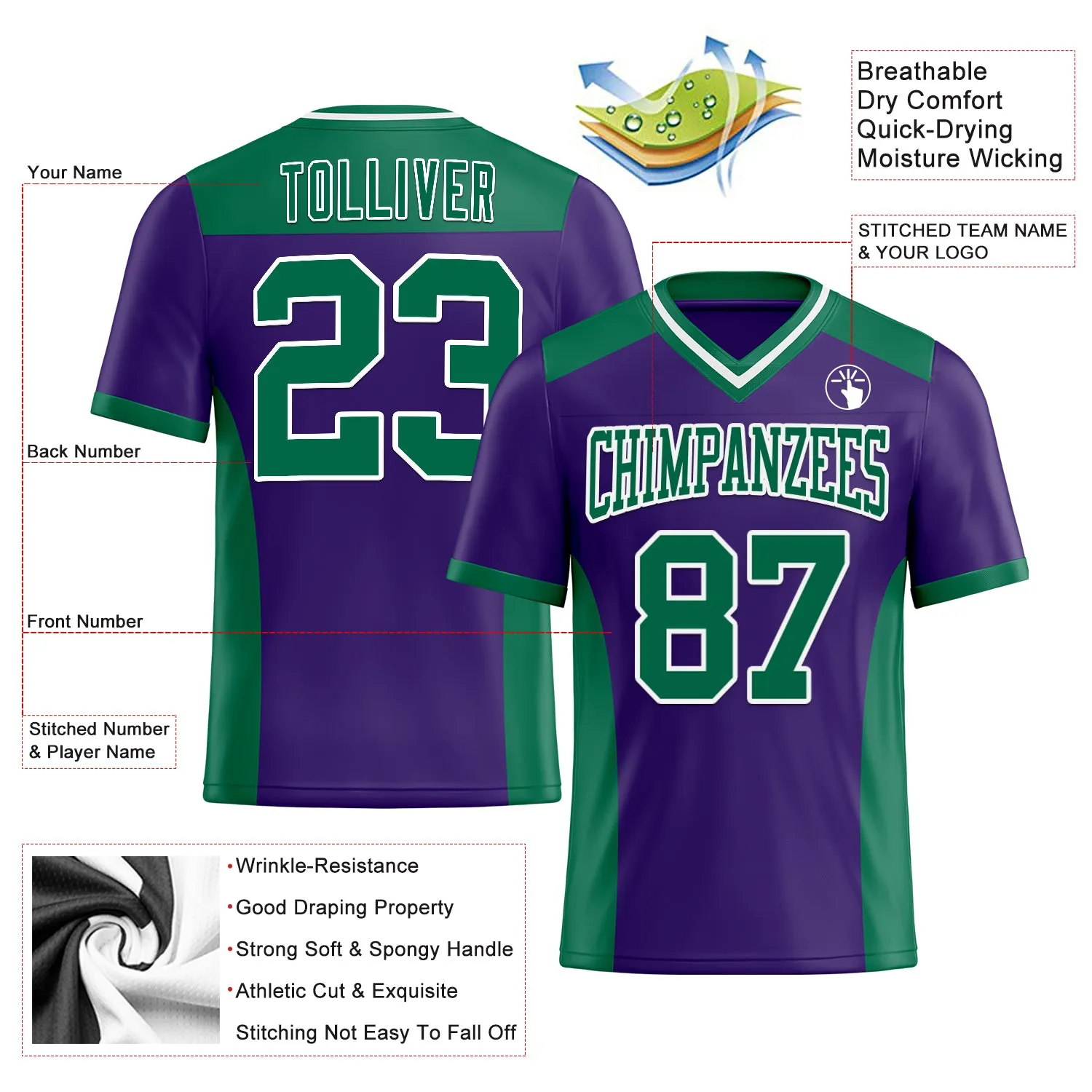 Custom Purple Kelly Green-White Mesh Authentic Football Jersey