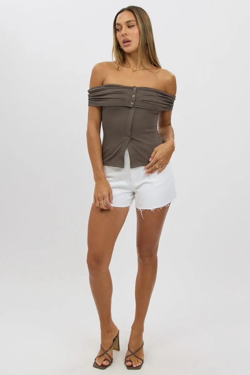 Grey Off Shoulder Top Rib