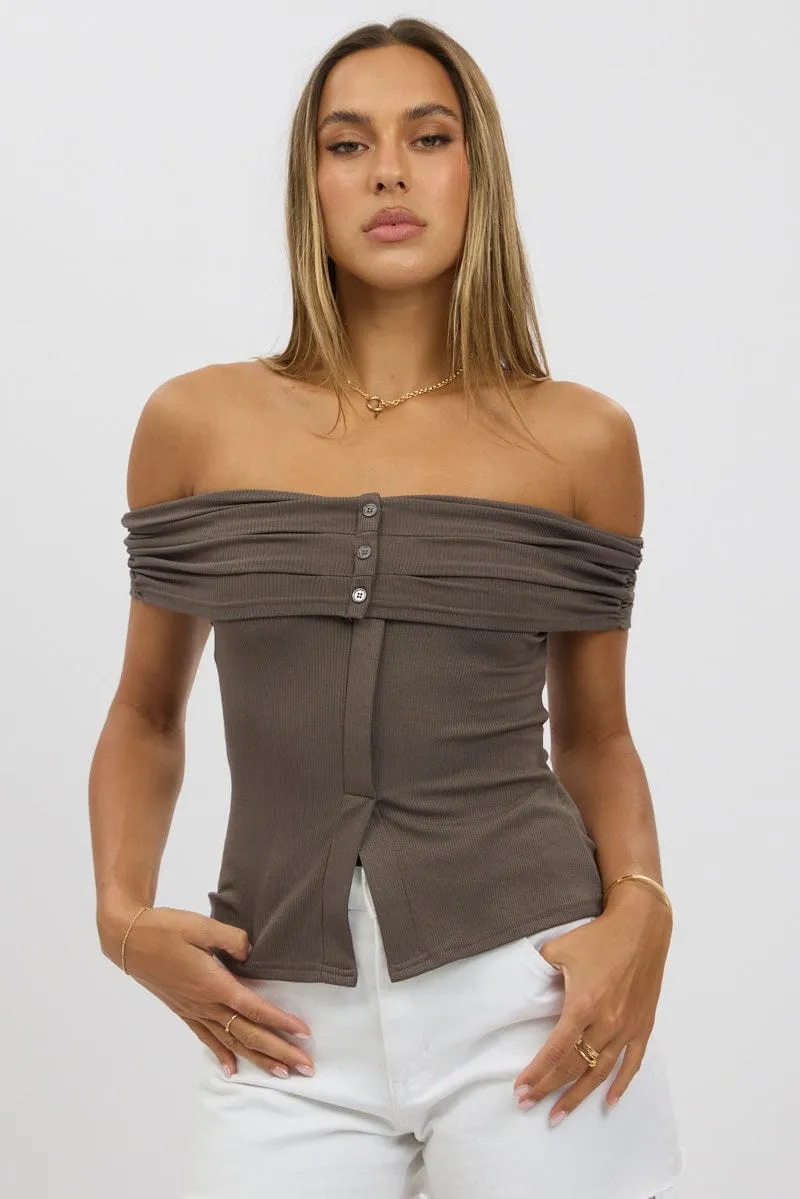 Grey Off Shoulder Top Rib