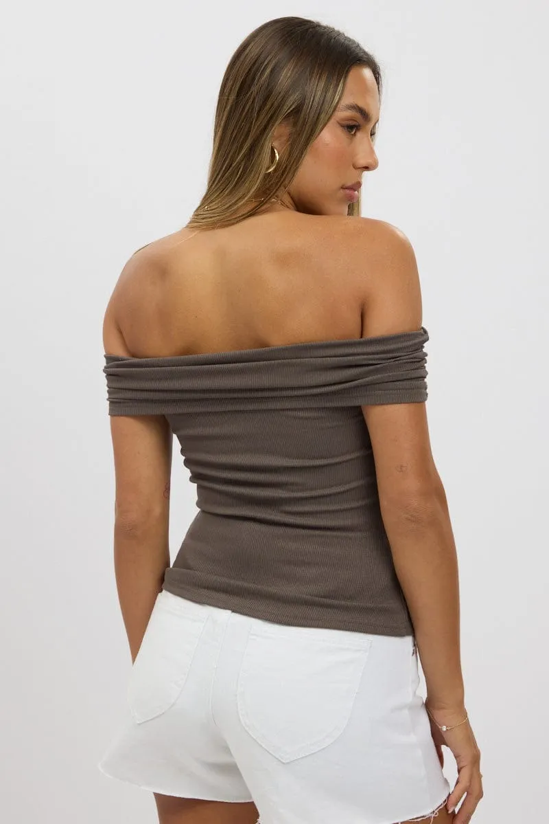 Grey Off Shoulder Top Rib