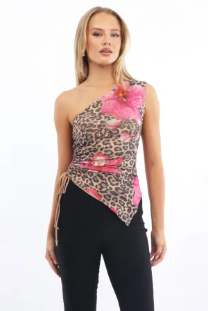 Multi Animal Print One Shoulder Top Mesh