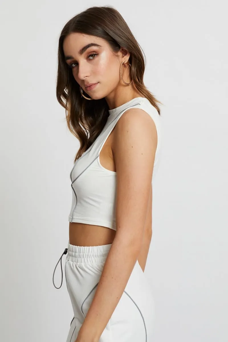 White Reflective Piping Crop Top